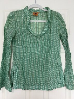 Tory Burch Green Patterned Long-Sleeve Scoop Neck Top